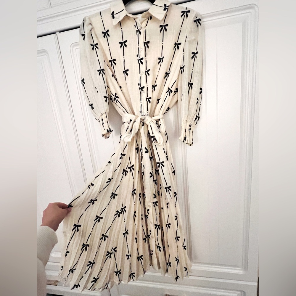 Udel NY Cream 3/4 Sleeve Bishop Dress Ribbons Bows